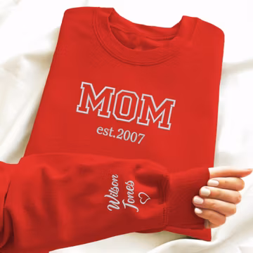 Personalized Embroidered Kids Names Sleeve Mom Hoodie,Custom Embroidered Sweatshirt,Pregnancy Reveal,New Mom Outfit, Happy Mother's Day Gift