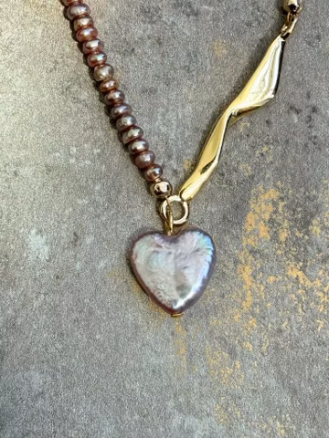 Freshwater Baroque Heart Pearl Necklace, Gold Heart Chain, 3mm Purple Pink Pearls