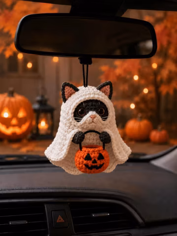Crochet Ghost Cat with Pumpkin Basket – Cute Halloween Amigurumi Plush, Trick or Treat Home Decor, Halloween Decor, Handmade Cat Lover Gift