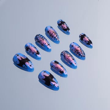 Hand Drawn Halloween Press On Nails: Spiderweb Bat Almond Long Nails