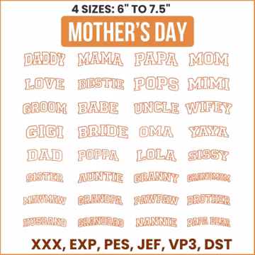 Mothers Day Machine Embroidery Design, Mama Applique Design, Family Applique Embroidery, Mama Varsity Design, 4 Sizes, Instant Download