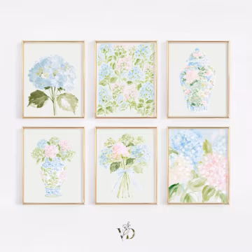 Pastel Pink Blue & Green Watercolor Hydrangeas Set - Preppy Grandmillenial Floral College Dorm Prints