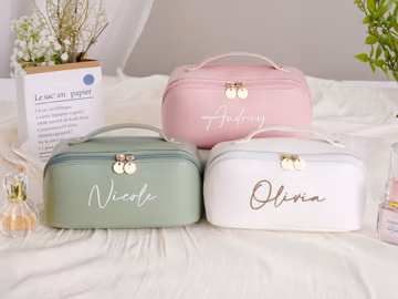 Embroidered Leather Makeup Bag, Personalized Travel Cosmetic Bag, Makeup Organizer