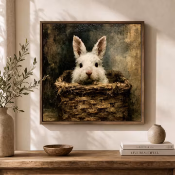 Vintage White Rabbit Painting in Woven Basket Art Print | Moody Cottagecore Bunny Oil Painting | Printable Rustic Animal Wall Decor