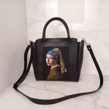 Handmade Hand Bags Cross Stitched Black Shoulder Bag "Girl with a Pearl Earring" Vermeer Art Museum-Quality Art Bag
