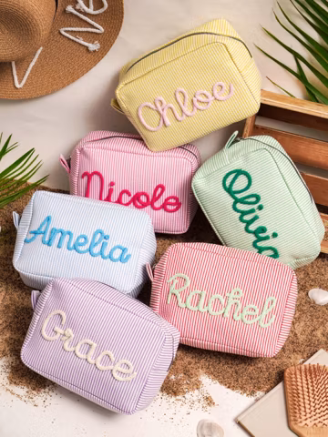Custom Seersucker Makeup Bag: Vacation Travel Pouch, Bridesmaid Gift Bag, Gifts for her