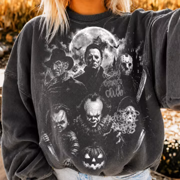 Classic Halloween Horror Characters Png, Vintage Halloween Shirt Graphic, Spooky Season Halftone Design, Vintage Scary Movie Png, Retro Png