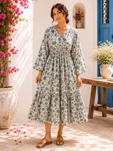 Blue Floral Cotton Midi Dress | Butterfly Sleeve Boho Summer Casual Wear