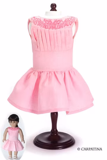 Pink Linen Doll Dress with Pleated Bodice and Neckline Embroidery Made by Carpatina fits 18" Dolls like American Girl or Gotz Dolls
