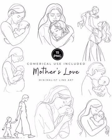 Minimalist Mother and Child Line Art Bundle | Mom Silhouette PNG | Modern Family Outline Clipart | Mother’s Day Gift | Digital Download