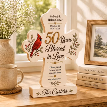 Personalized 50th Anniversary Wooden Cross: Custom Cardinal Couple Block, Religious Gift