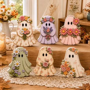 Floral Ghost Halloween Wooden Block, Wooden Ghosts Shelf Sitter, Rustic Fall Shelf Sitter, Farmhouse Table Decor