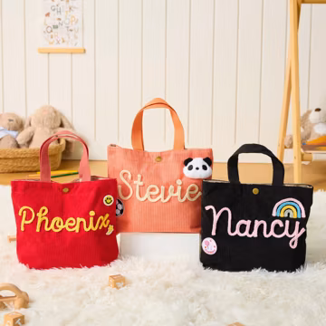 Personalized Corduroy Tote Bag, Chunky Embroidered Name, Toddler Handbag, Custom Kids Daycare Bag, First Day of School Gift, Back to School