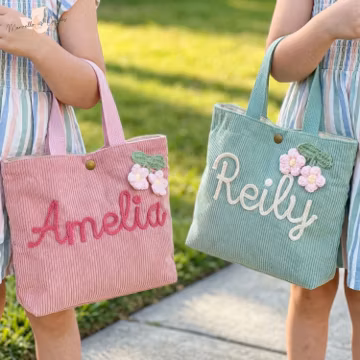 Personalized Corduroy Tote Bag, Chunky Embroidered Name, Toddler Handbag, Custom Kids Daycare Bag, First Day of School Gift, Back to School