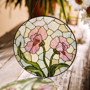 Pink Iris Floral Stained Glass Round Window Hanging Spring Suncatcher Gift for Garden Lover