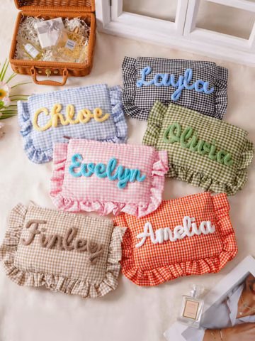 Personalized Ruffle Makeup Bag, Chenille Name Cosmetic Pouch, Bridal Shower Gift