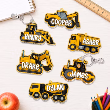 Custom Backpack Name Tag for Kids, Construction Backpack Tag, Boys Excavator Acrylic Keychain, School Bag Tag, Back To School Gift