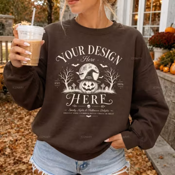 Dark Chocolate Gildan 18000 Fall Mockup, G180 Sweatshirt Halloween Mockup (Digital Download)