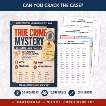 True Crime Mystery Detective Logic Puzzles, Elimination Game, Brain Teaser Activity Puzzle Book, Printable Party Favors, Digital Download