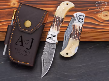 Custom Damascus Pocket Knife, Handmade Folding Knife, Personalized Engraved Gift for Him, Anniversary Gift for Husband, Groomsman Gift