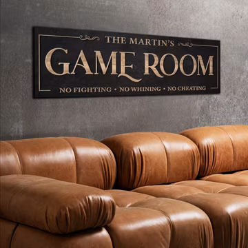 Game Room Canvas Sign – Custom Name Wall Art for Family Room or Playroom – No Fighting, No Whining, No Cheating