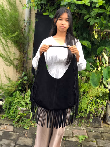Black Suede Fringe Crossbody Bag: Genuine Leather Boho Purse