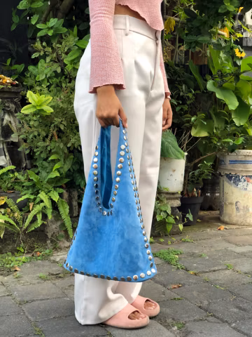 Light Blue Suede Leather Bag with Silver Studs handmade