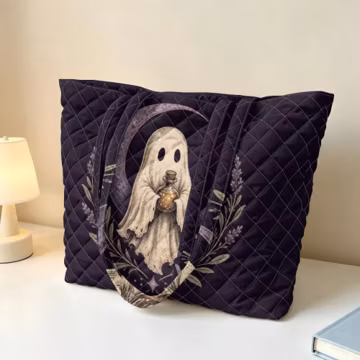 Ghost Quilted Tote Bag, Cute Ghost Shoulder Bag, Witchy Book Tote, Cottagecore Travel Bag, Halloween Gift for Her