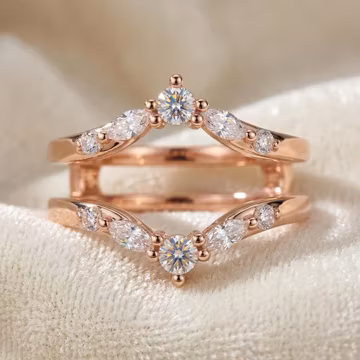 Marquise & Round Ring Enhancer, Chevron Wedding Ring Guard, 18K Rose Gold Vermeil Curved Bridal Band, Stackable Anniversary Gift For Her