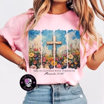 She is clothed with strength shirt, Easter shirt, Bible verse shirt, proverbs, cross, floral cross, Christianity, catholic, religious shirt