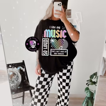 I like my music so loud that I can’t hear my thoughts, I love music shirt, music, rock out, retro shirt, checkered heart, music is life