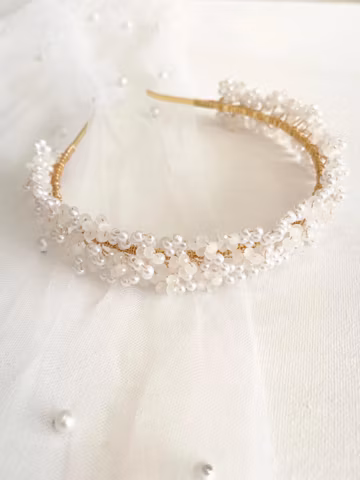 Floral Pearl gold Bridal Headband, Gold Boho simple headband floral moon bridal band handmade pearls and crystal band for elegant bride