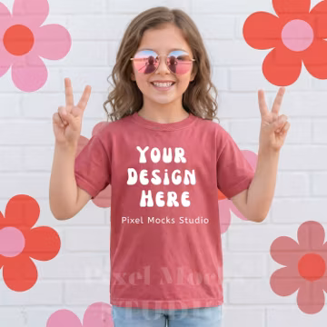 Comfort Colors 9018 Youth Crimson T-Shirt Mockup, CC9018 Summer Outdoors Lifestyle Trendy Girl Model Oversized Fit Shirt POD Mock-up