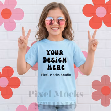 Comfort Colors 9018 Youth Chambray T-Shirt Mockup, CC9018 Summer Outdoors Lifestyle Trendy Girl Model Oversized Fit Shirt POD Mock-up