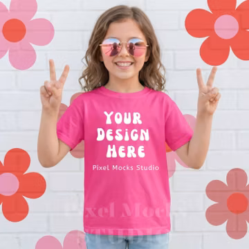 Comfort Colors 9018 Youth Heliconia T-Shirt Mockup, CC9018 Summer Outdoors Lifestyle Trendy Girl Model Oversized Fit Shirt POD Mock-up