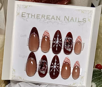 Christmas Press-On Nails | Almond Shape with Candy Cane Design | Festive Red Holiday Fake Nails