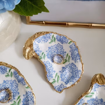 NANTUCKET SUMMER- Blue Hydrangea Oyster Shell Ring Dish, Engagement Gift, Bridesmaid favors, Proposal gifts, Personalized Option, ACK