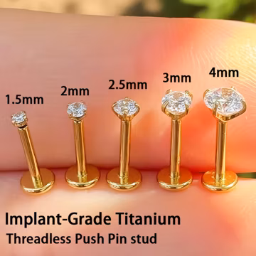 Implant Grade Titanium Gold Prong CZ Threadless Push Pin|Labret,Tragus,Helix/Cartilage |Flat Back Earring, Nose Stud | 16G 18G 20G | 1.5–5mm