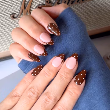 Brown Polka Dot Press On Nails French Tip Minimalist Polka Dots Almond Handmade Reusable