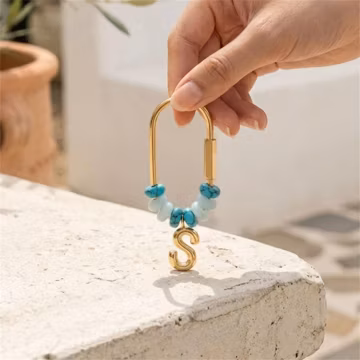 Custom Initial Keychain Natural Gemstone Beads, Gold Letter Bag Charm, Personalized Alphabet Pendant Accessory, Gift for Women Bridesmaids