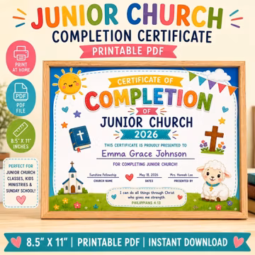 Editable Junior Church Completion Certificate Printable PDF Kids Church Award Sunday School Certificate Christian Classroom 2026 Printable