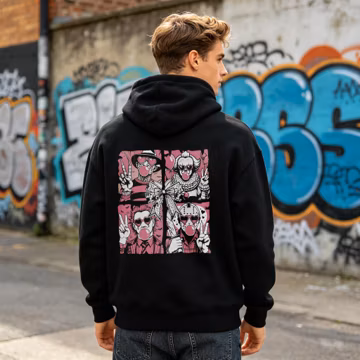 Horror Characters Pink Grid Back‑Print Men Pullover Hoodie