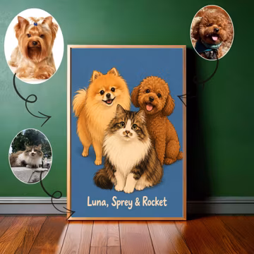 Personalized Pet Best Friends Portrait, Custom Pet Club Portrait, Dog and Cat Friendship Gift, Digital Art