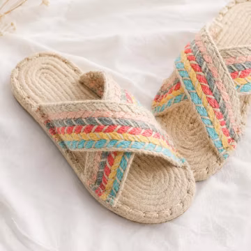 Linen Cross Strap Slippers Handmade Woven Sandals Women Summer Flat Shoes Boho Beach Casual Footwear