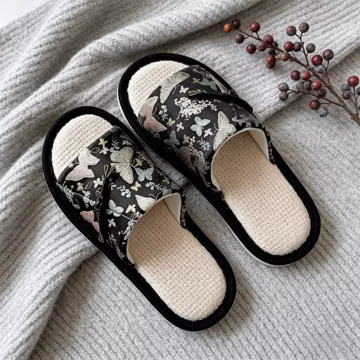 Vintage Embroidered Butterfly Slippers Women, Retro Floral Silk Linen Mules, Cozy Indoor Home Shoes, Black Pink White 35-40