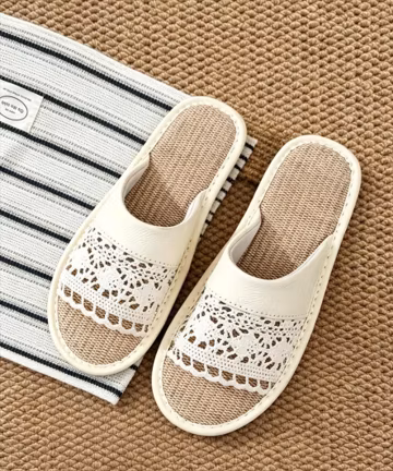 Lace Linen Indoor Slide Slippers, Breathable Non-Slip PVC Sole House Shoes, Summer Daily Home Gift For Women Men