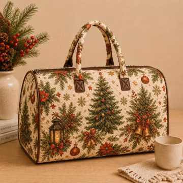 Christmas Tree Quilt Weekend Bag, Quilted Holiday Duffel Bag, Rustic Christmas Travel Bag, Evergreen Overnight Bag Gift UO2W55-RD