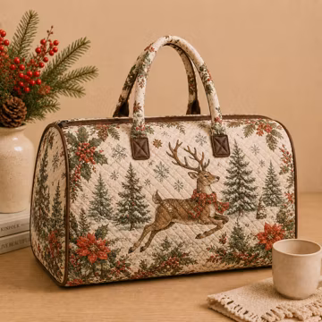 Christmas Reindeer Quilt Weekend Bag, Folk Art Quilted Travel Duffel Bag, Rustic Holiday Overnight Bag, Woodland Christmas Gift UO2W56-RD