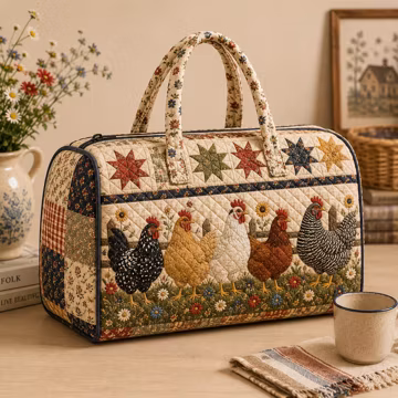 Farm Chicken Quilted Weekend Bag, Rustic Hen Rooster Travel Duffel Bag, Cottagecore Farmhouse Bag, Country Weekender Tote Gift URD-OZS45