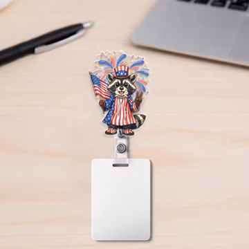 Patriotic Raccoon Badge Reel 4th of July ID Holder, USA Flag Fireworks Cute Animal Nurse Teacher Retractable Clip AYC216